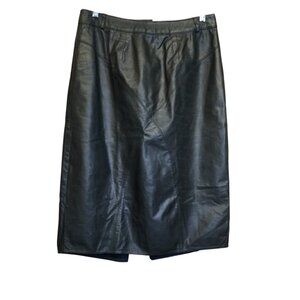 Vintage Yessica Black Leather Midi Pencil Skirt Size 44 Back Slit